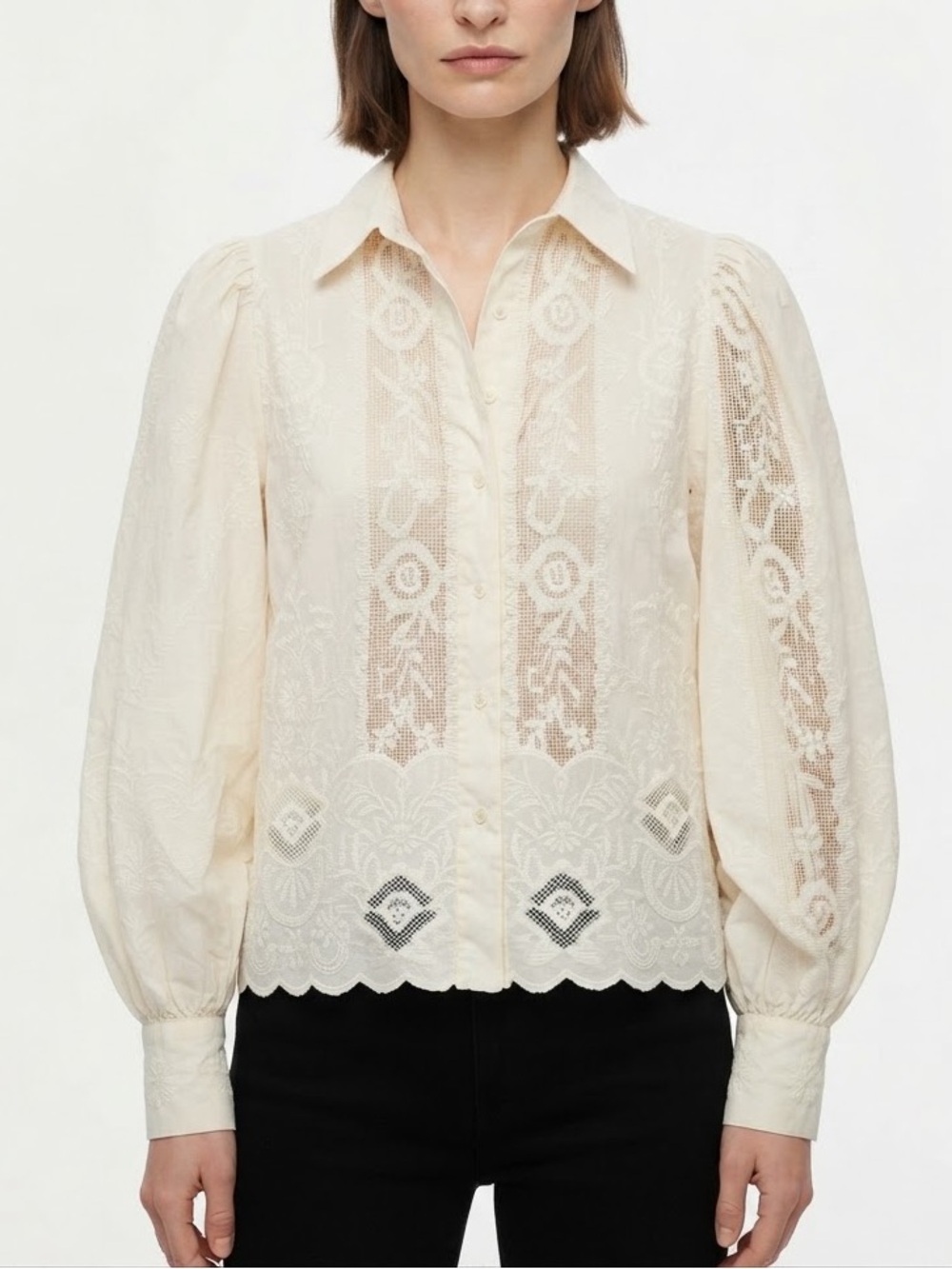 New w/Tags Lace-Panel Button-Front Blouse in Cream